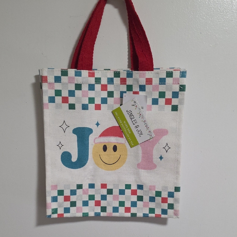 Jingles & Joy Joy Emoji Wine Bag with Red Handles, NWT